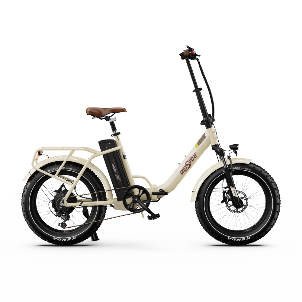 Bici elettrica beige con sella marrone. Pneumatici neri, telaio. Sfondo bianco. Pneumatici Kenda visibili.