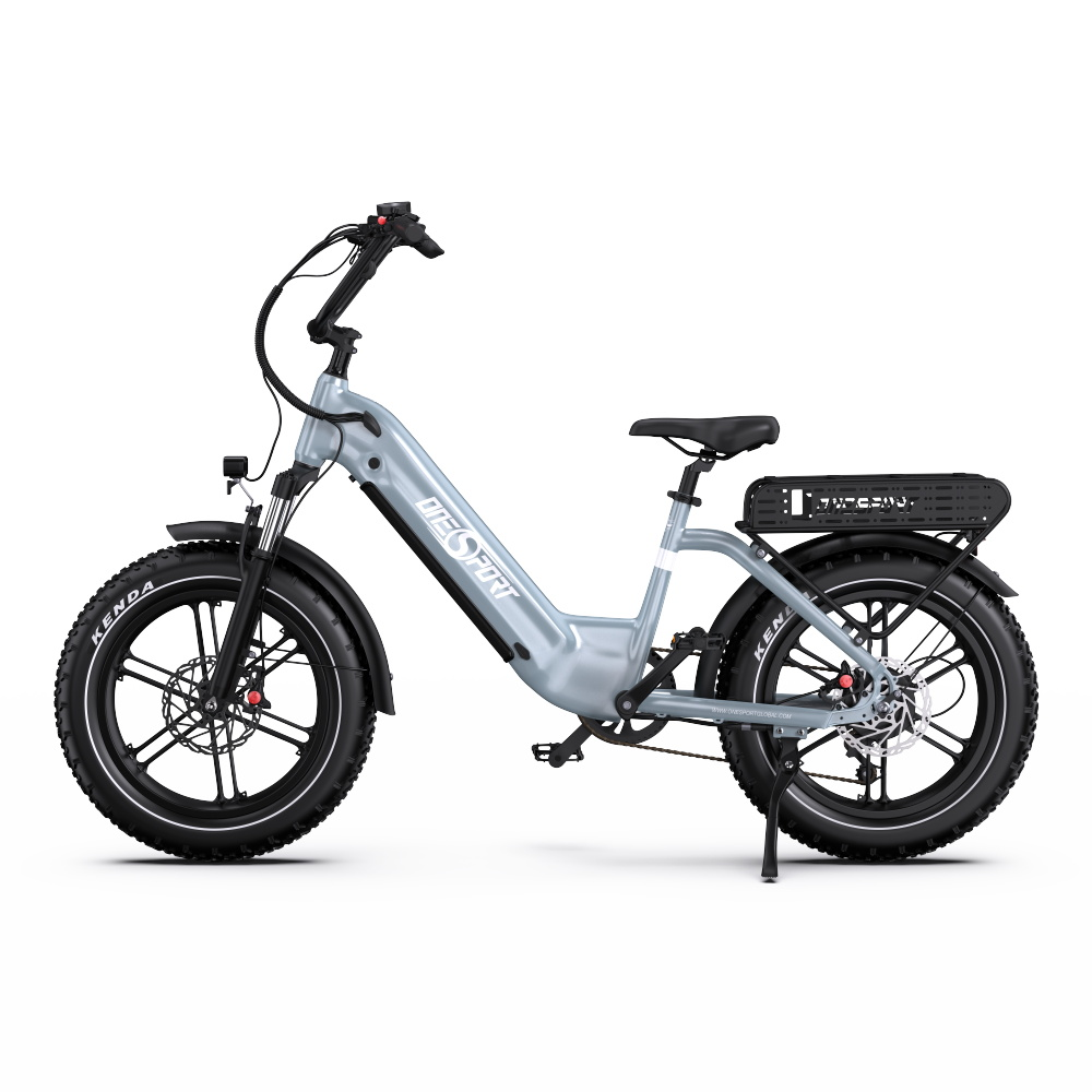 Graues Elektrofahrrad mit schwarzen Akzenten. Schwarze Reifen, Rahmendetails. Weißer Hintergrund, Kenda-Reifen sichtbar.