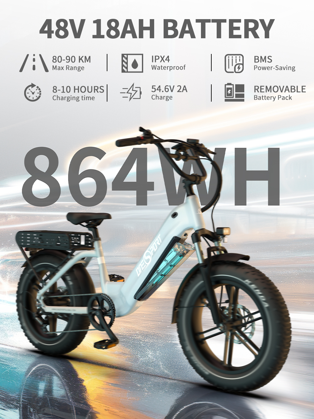 Elektrofahrrad mit Textdetails. Batterieinformationen, Reichweite und Ladezeit. Weißer Hintergrund.