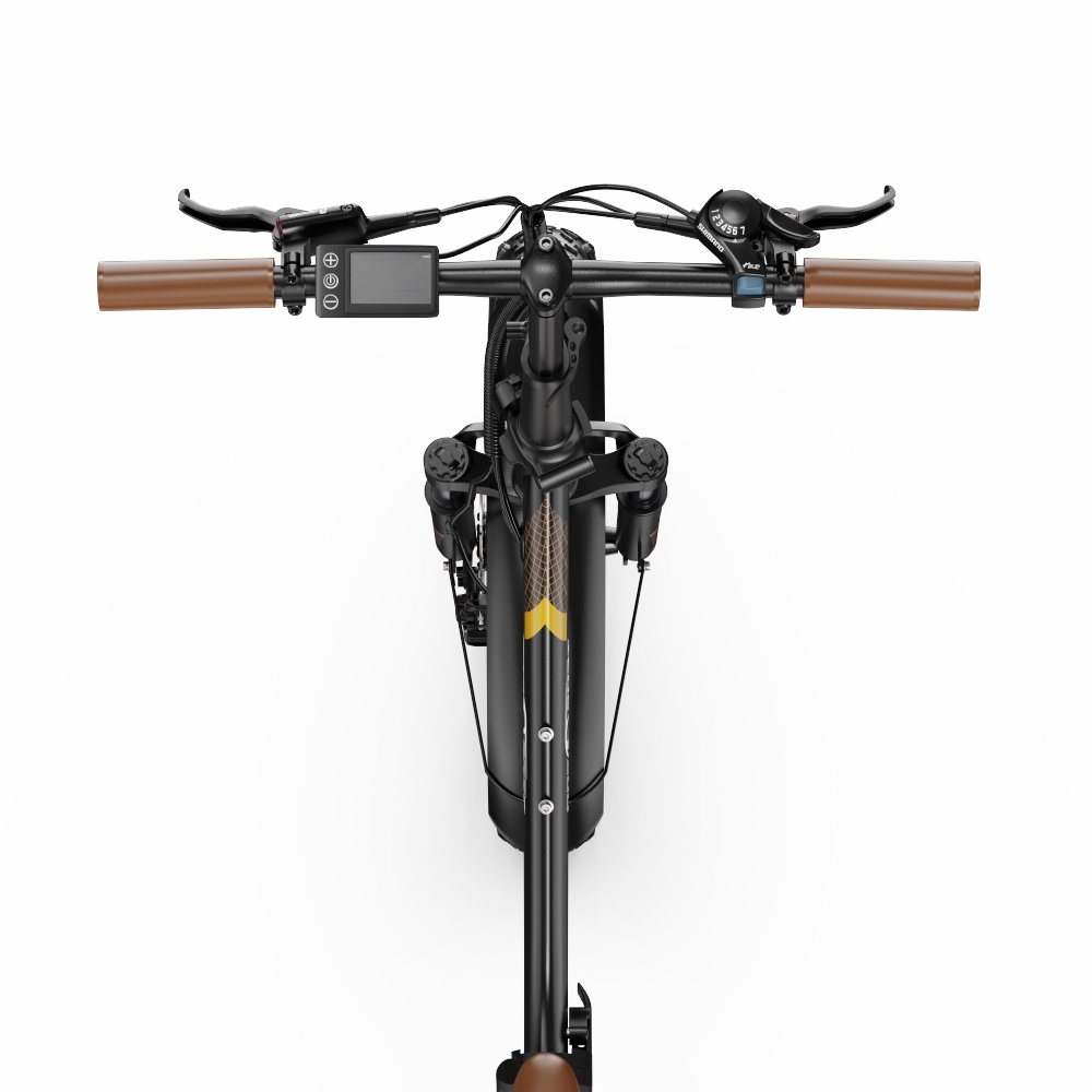 Vista dall'alto del manubrio di una bici elettrica. Impugnature marroni, display e controlli sono visibili.