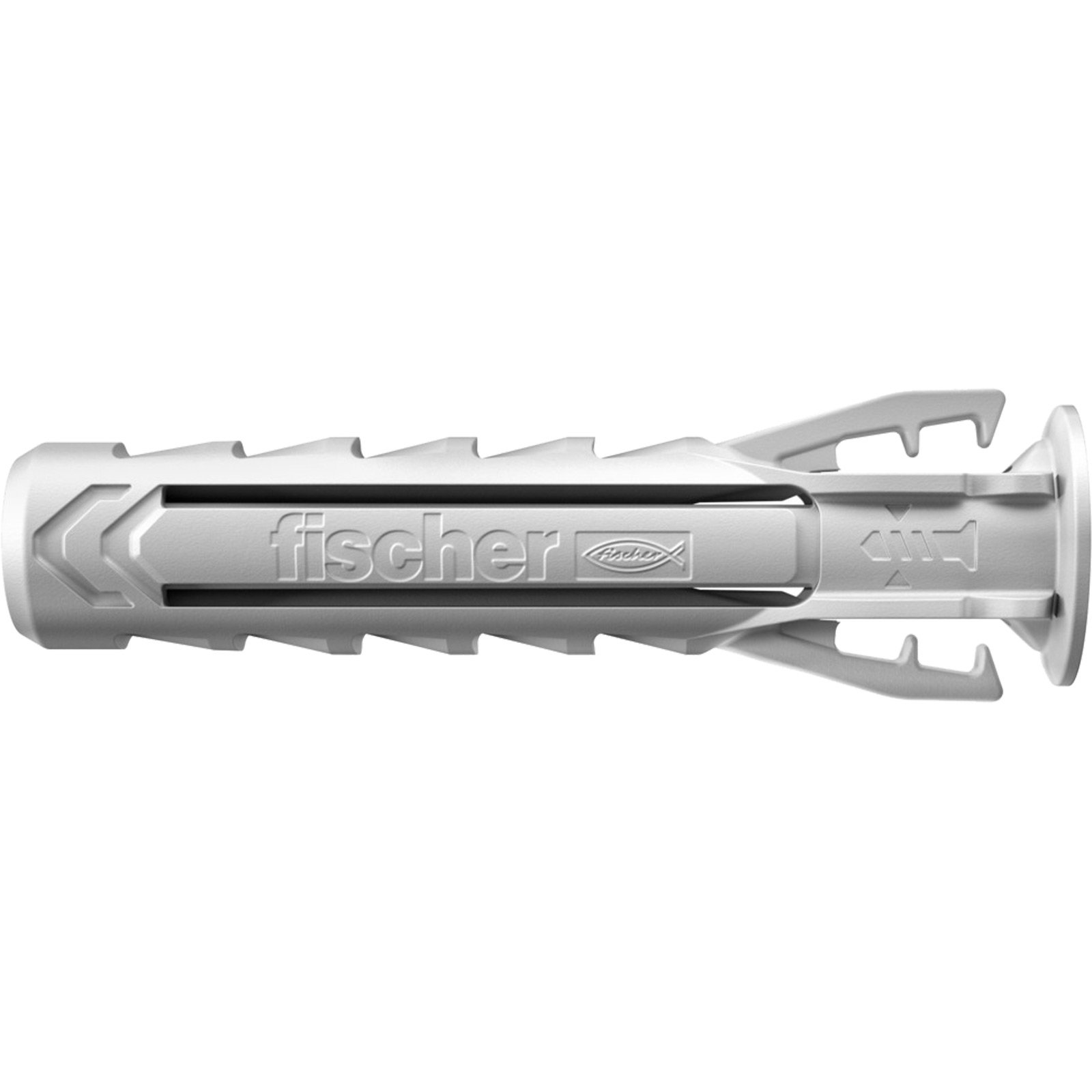 Tassello Fischer bianco, cilindrico con scanalature, testo e indicatori a freccia.