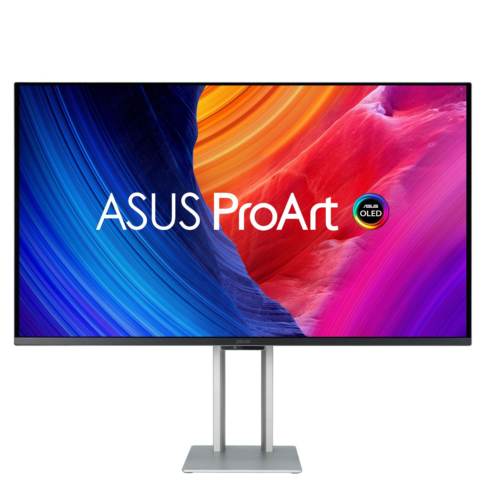 Monitor ASUS ProArt z kolorowym wyświetlaczem. Srebrna podstawka. Tekst mówi ASUS ProArt i logo ASUS OLED.