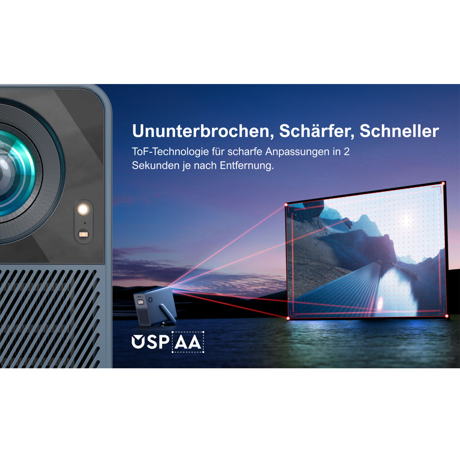 Nahaufnahme der Projektorlinse und ihrer Projektion an einer Wand.