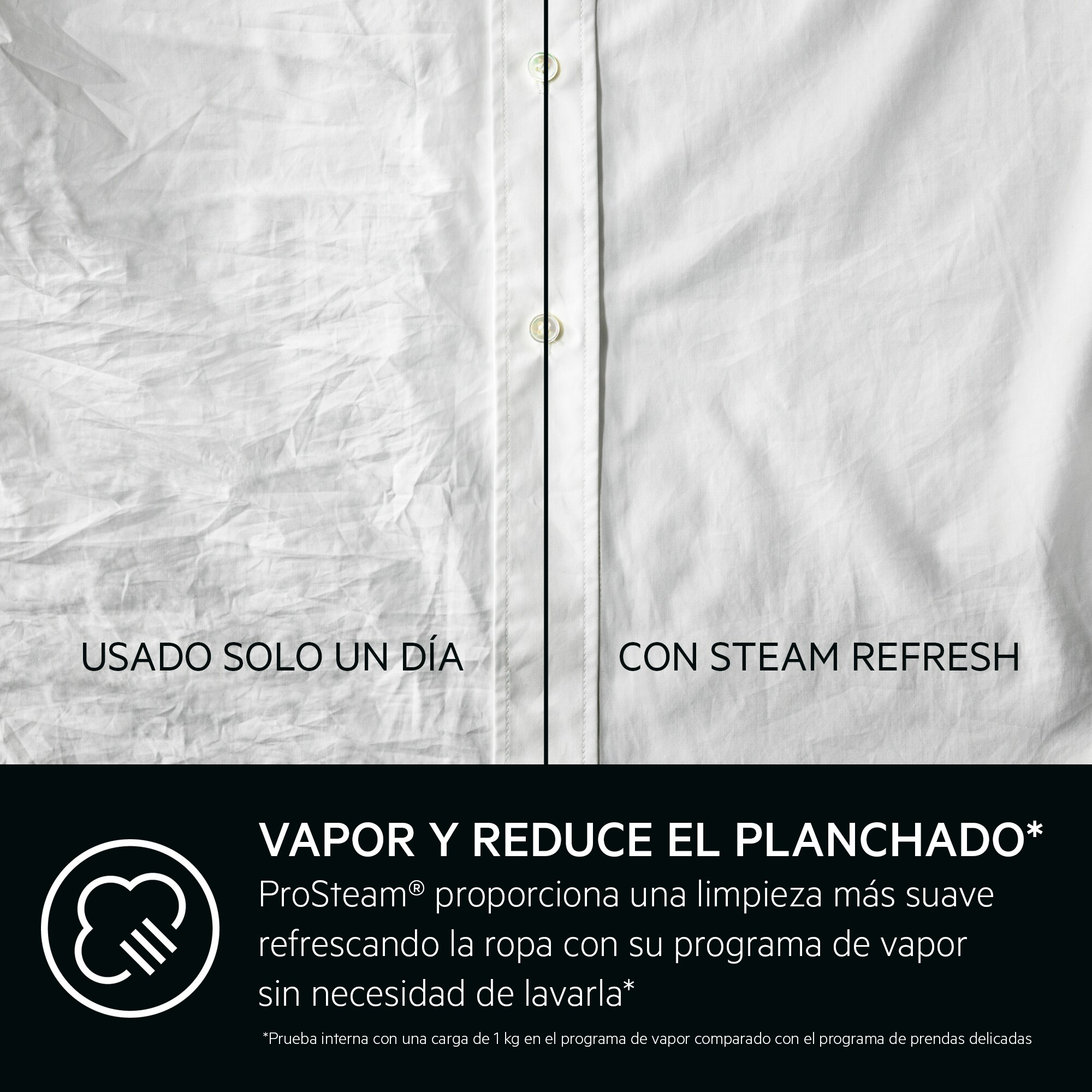 Karta informacyjna produktu, AEG. Pokazuje dwie białe koszule, jedną używaną, drugą odświeżoną parą.