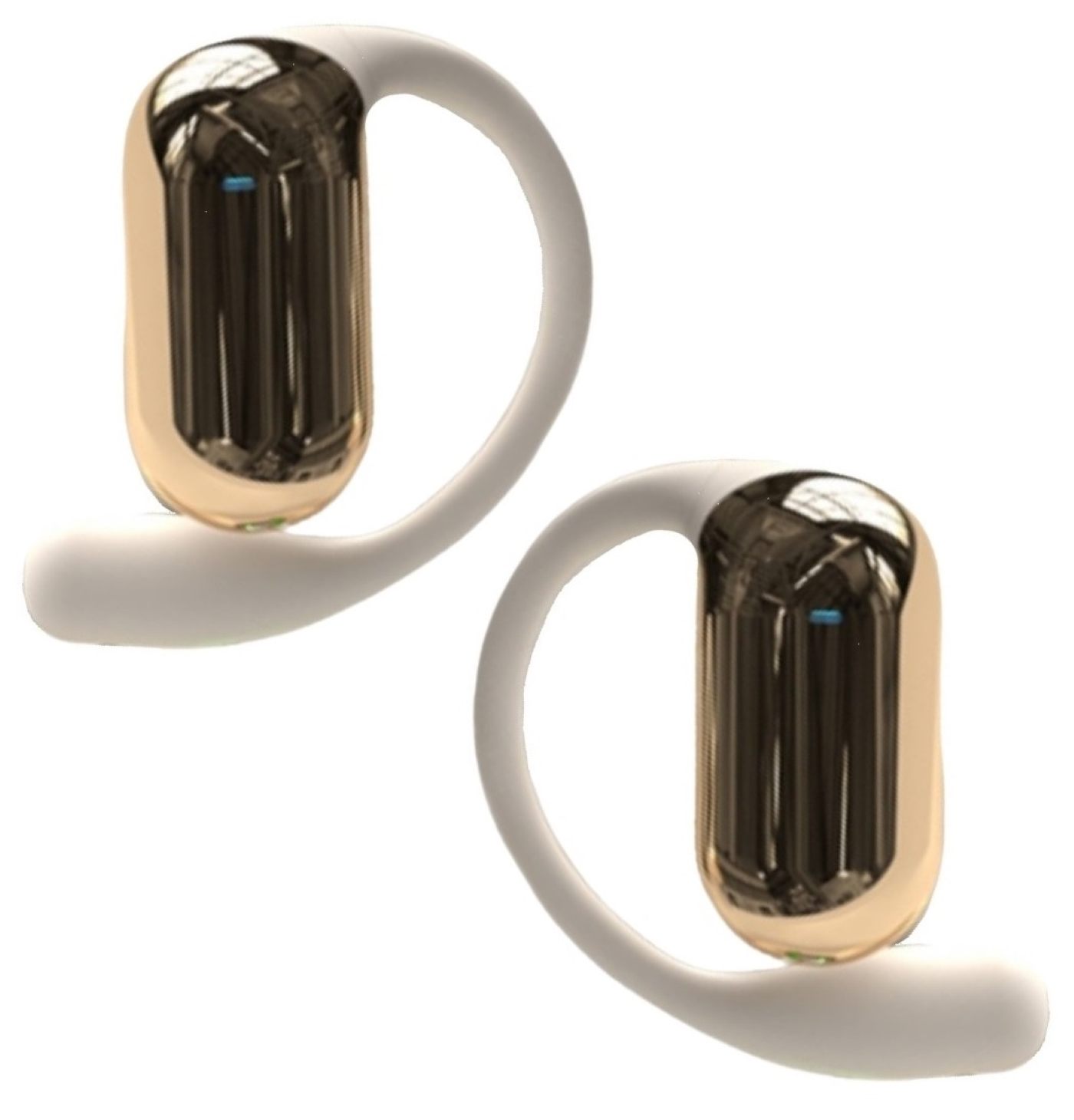 Dos auriculares inalámbricos dorados y blancos sobre un fondo blanco.