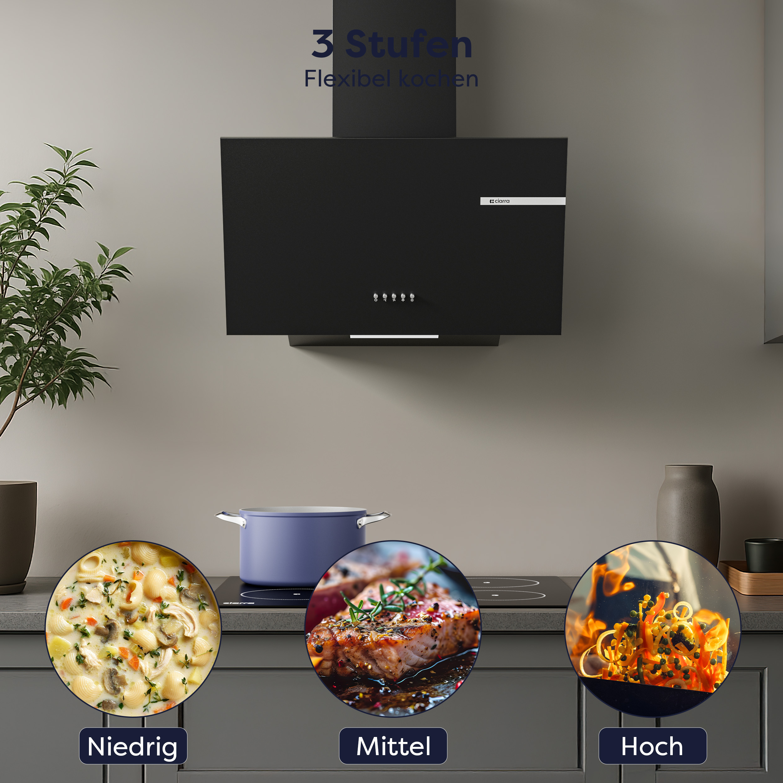 Zwarte afzuigkap met drie kookniveaus. Eten wordt getoond, waaronder pasta, vlees en vlammen.