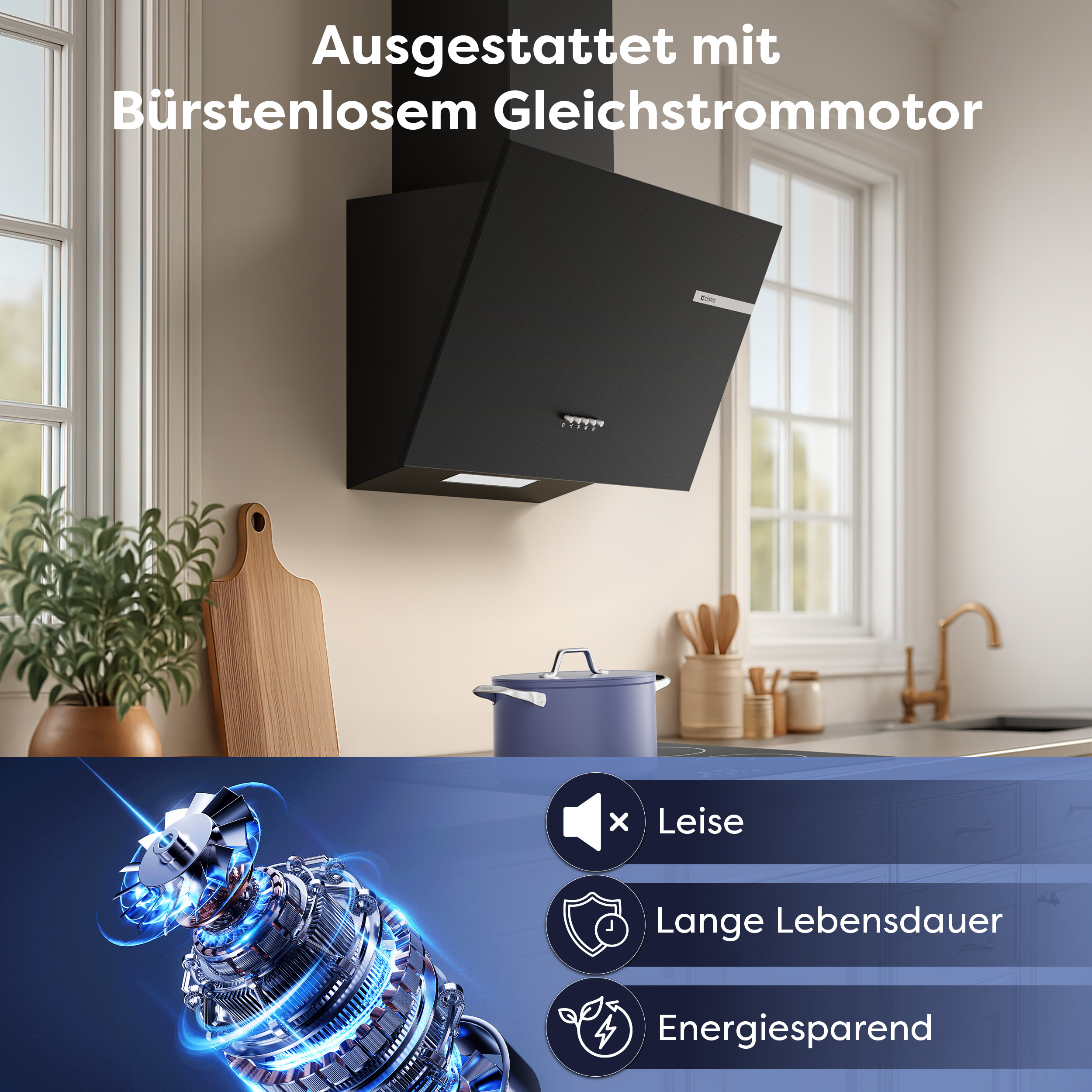 Een zwarte afzuigkap met een borstelloze DC-motor en pictogrammen van stil, lange levensduur en energiebesparing.