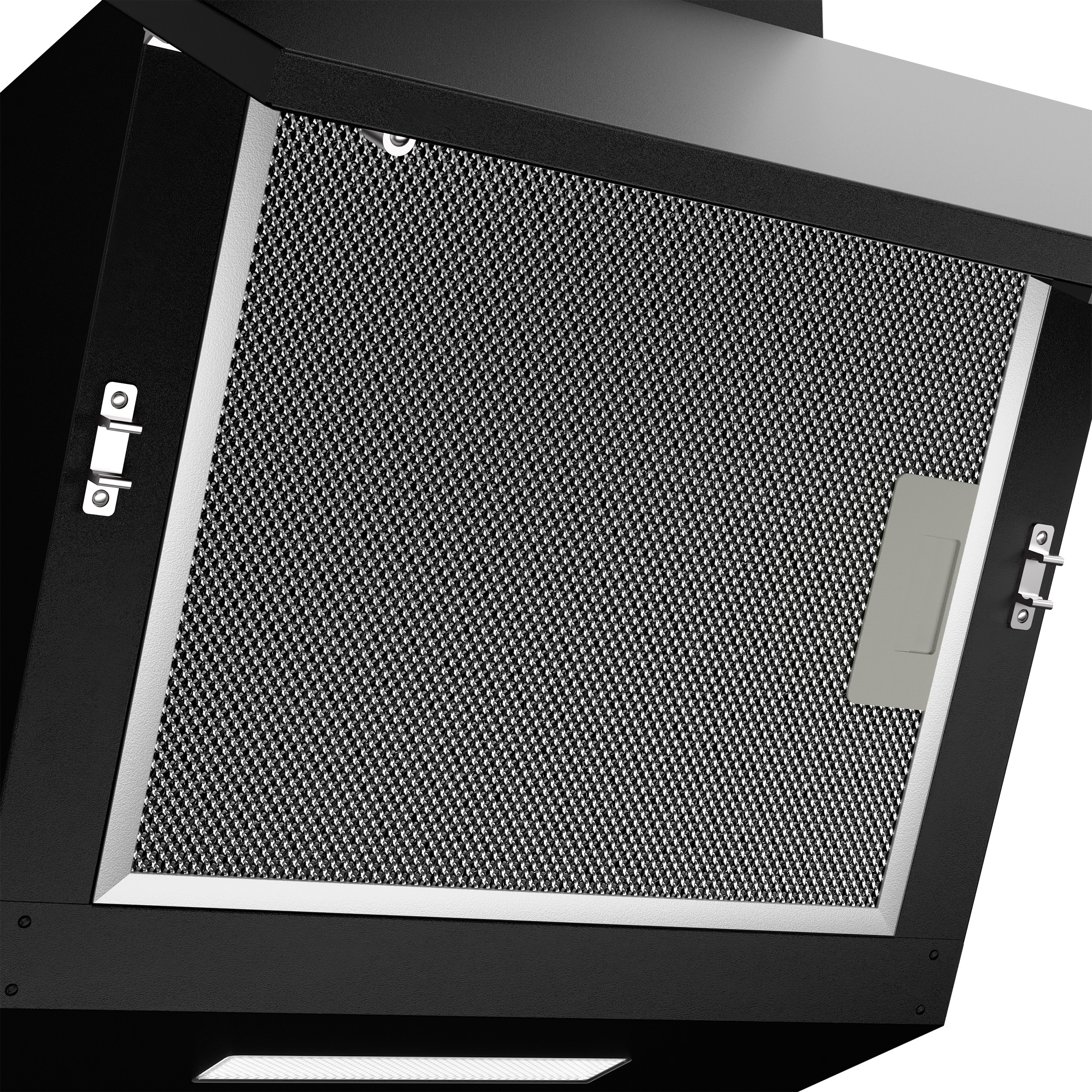 Close-up van een zwart afzuigkapfilter. Het filter is een metalen gaas in een zwart frame.