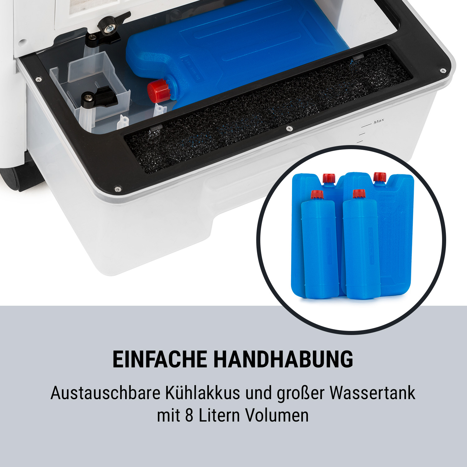 Ein weißer Luftkühler mit blauem Kühlpack im Inneren und vier blaue Kühlpacks im Kreis.