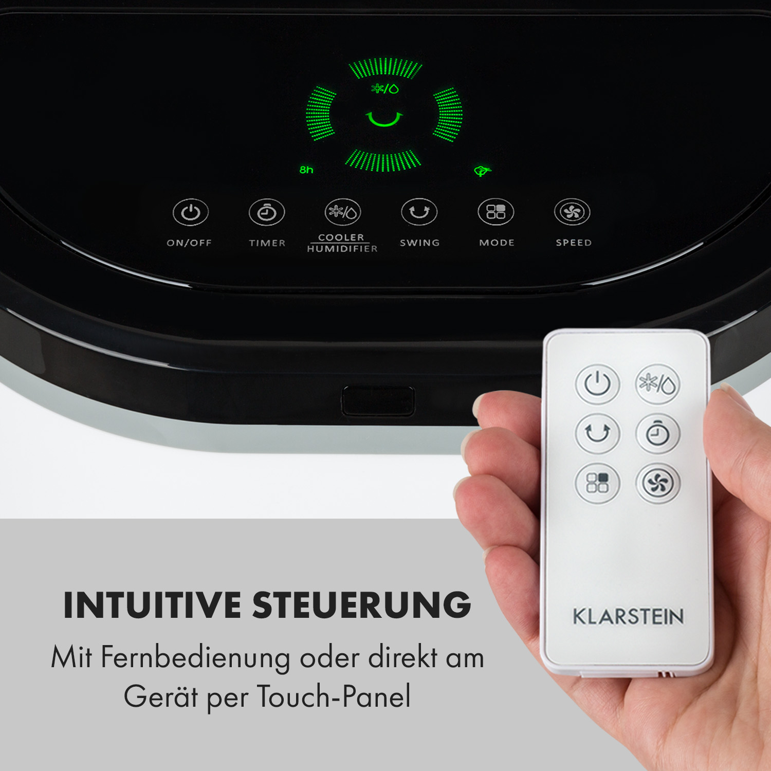 Nahaufnahme des Bedienfelds und der Fernbedienung des Luftkühlers. Tasten sind auf beiden sichtbar.