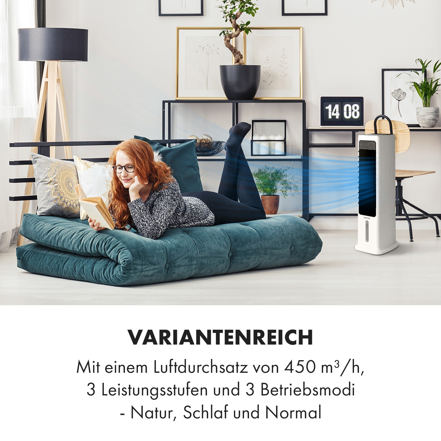 Frau liest auf Bett, weißer Ventilator rechts. Text: Vielfalt, 450 m3/h, 3 Modi.