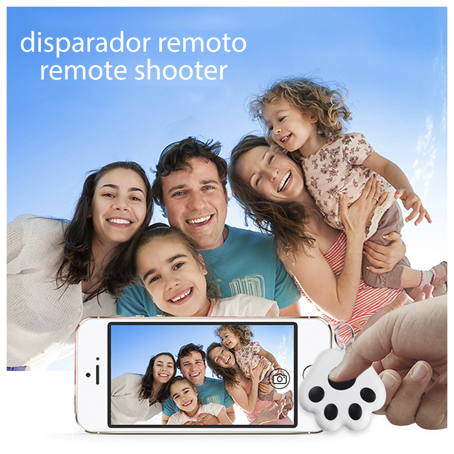 Familia tomando una foto. Texto: Disparador remoto.