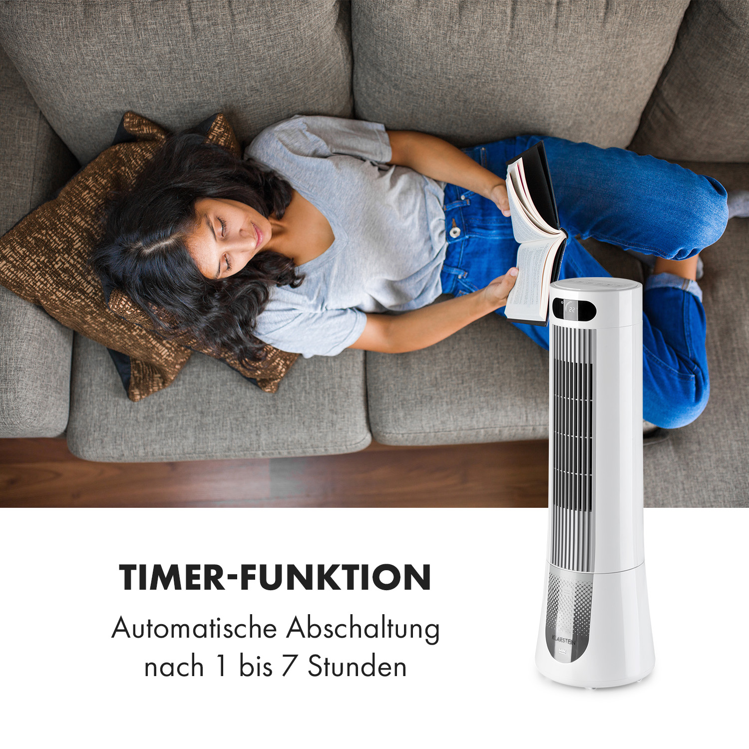 Frau liest auf Couch, weißer Ventilator rechts. Text: Timer-Funktion.