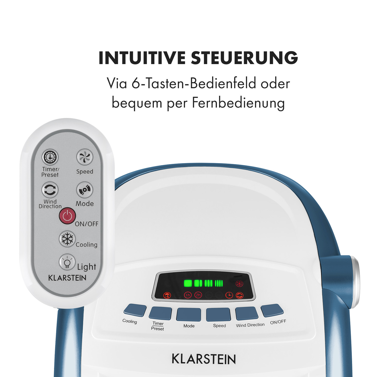Ventilator mit Fernbedienung. Text: Intuitive Steuerung über 6-Tasten-Bedienfeld oder Fernbedienung.