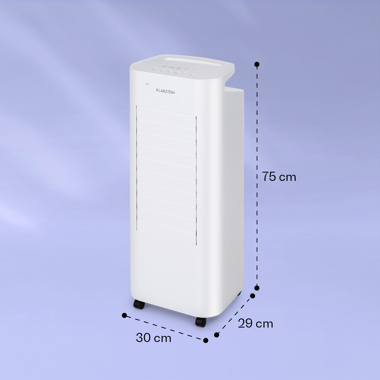 Weißer Luftkühler mit Maßen: 75 cm Höhe, 29 cm Breite, 30 cm Tiefe. Hat kleine Räder.