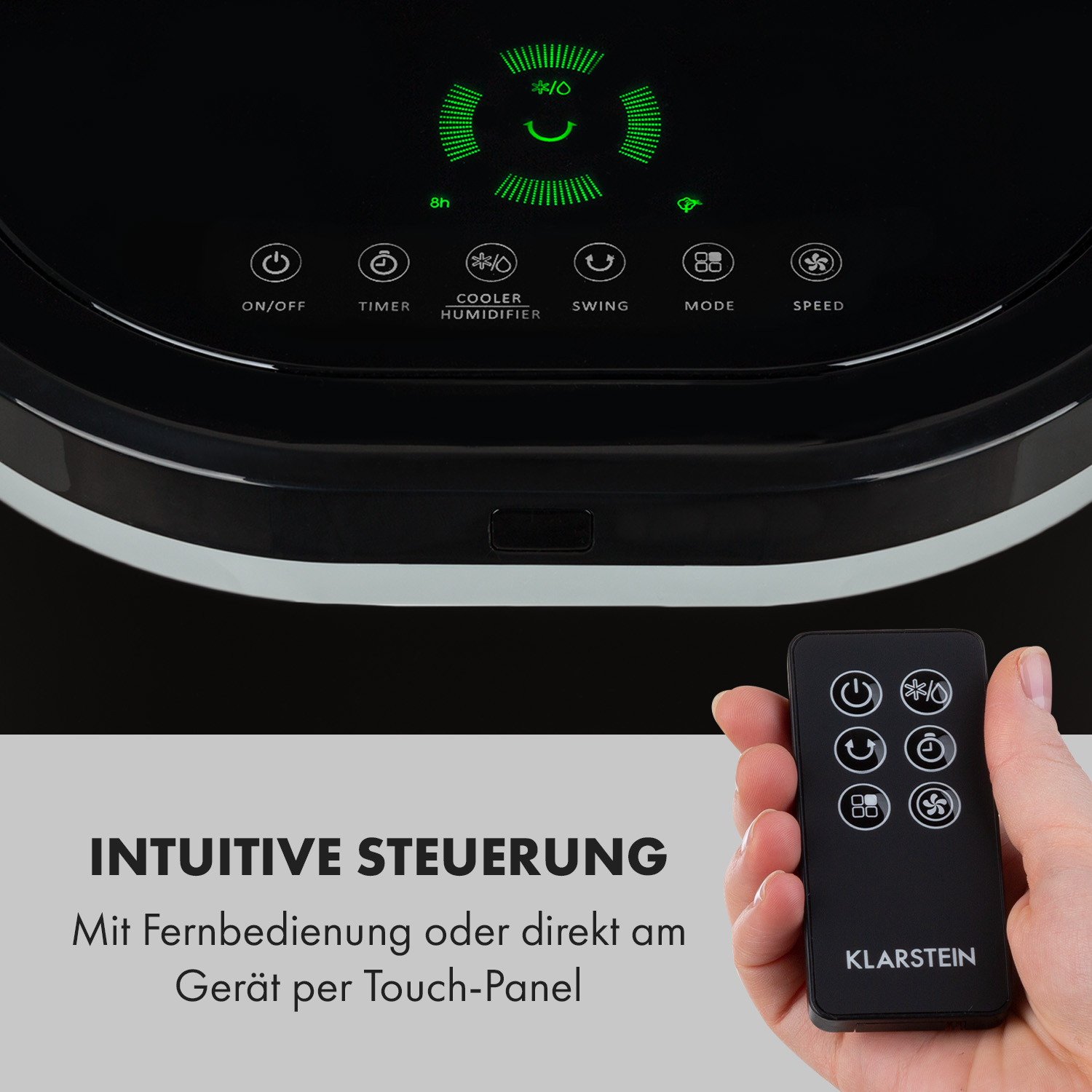 Pannello di controllo del raffreddatore d'aria nero con pulsanti touch. Mano che tiene un telecomando con pulsanti simili.