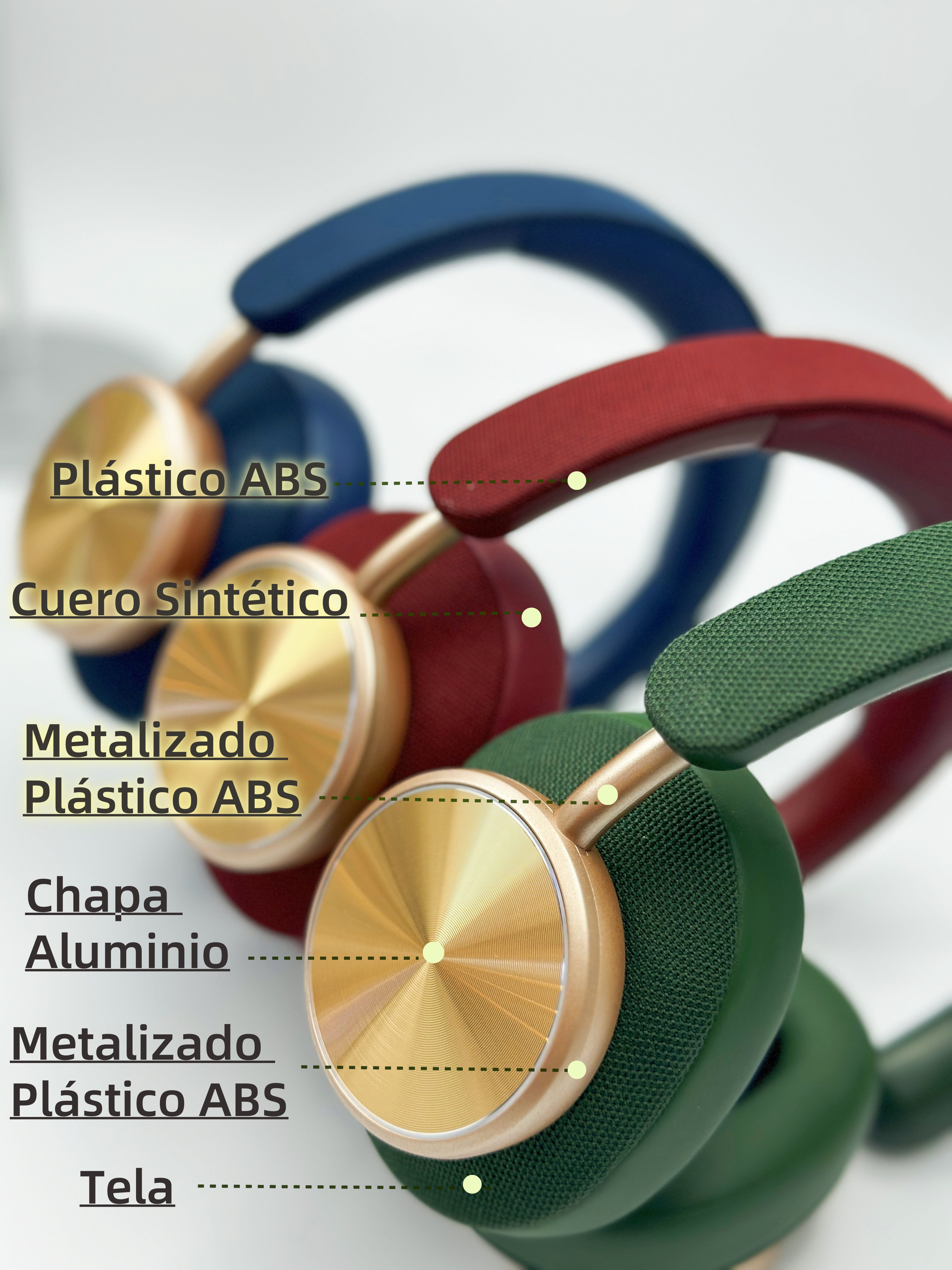Primer plano de auriculares en tres colores: azul, rojo y verde. Partes etiquetadas con tipos de material.