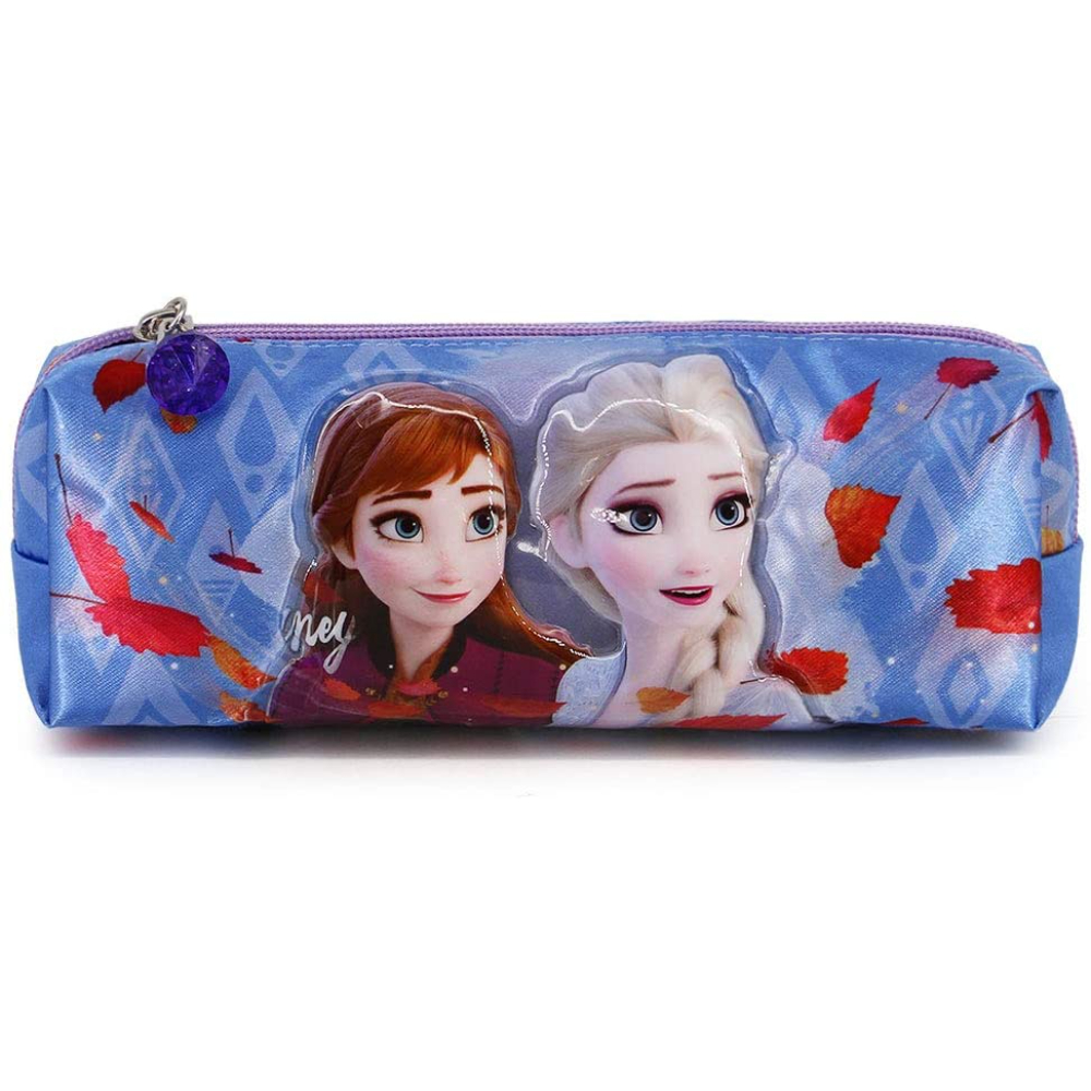 Estuche de Frozen con imágenes de Anna y Elsa con hojas de otoño.
