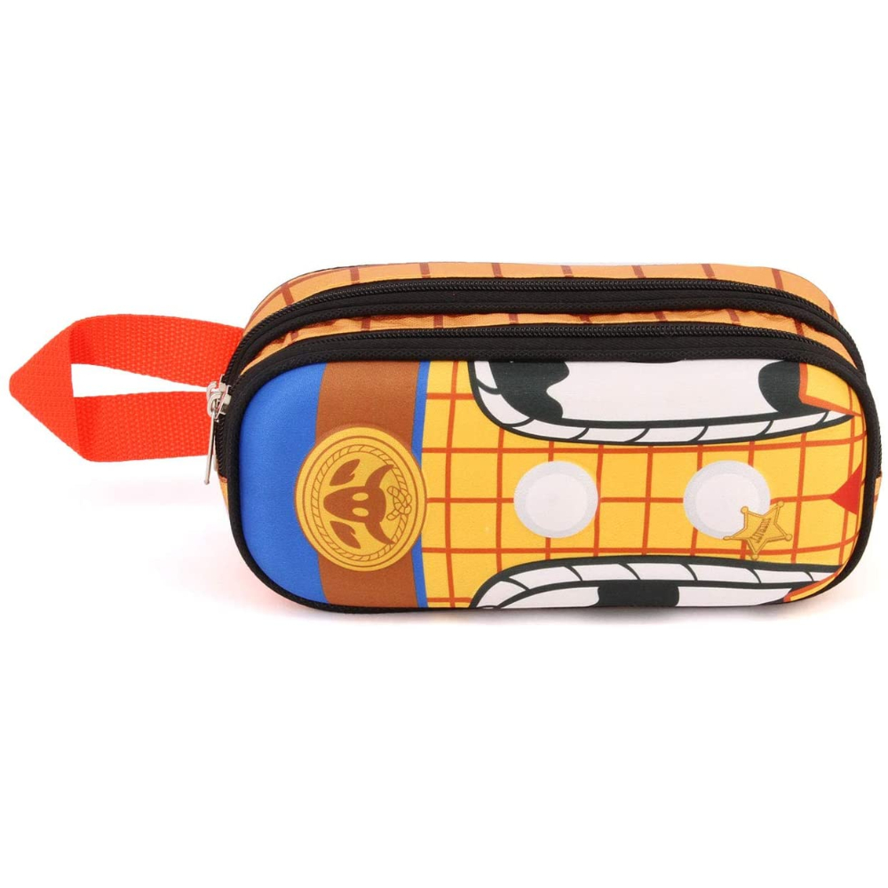 Estuche de Woody, amarillo y naranja con la cara de Woody. Cremalleras negras y asa roja.