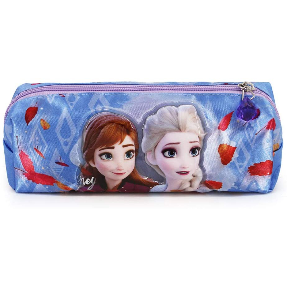 Estuche de Frozen con imágenes de Anna y Elsa con hojas de otoño.