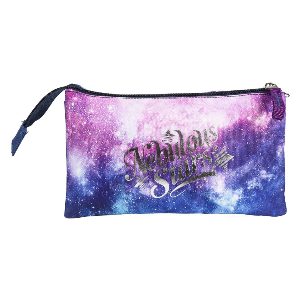 Estuche con diseño de galaxia. Colores morado, azul y rosa. Texto plateado Nebulous Stars.