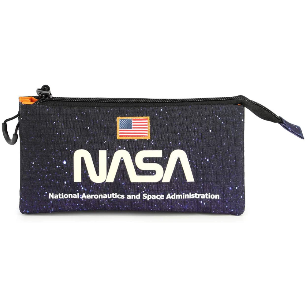 Estuche de la NASA. Azul oscuro con estrellas blancas. Logotipo de la NASA y bandera americana.