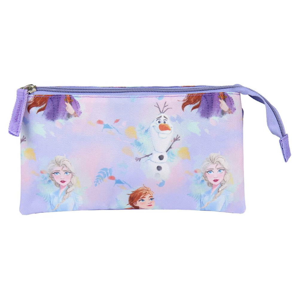 Estuche de Frozen. Elsa, Anna y Olaf, con colores morado, azul y blanco.