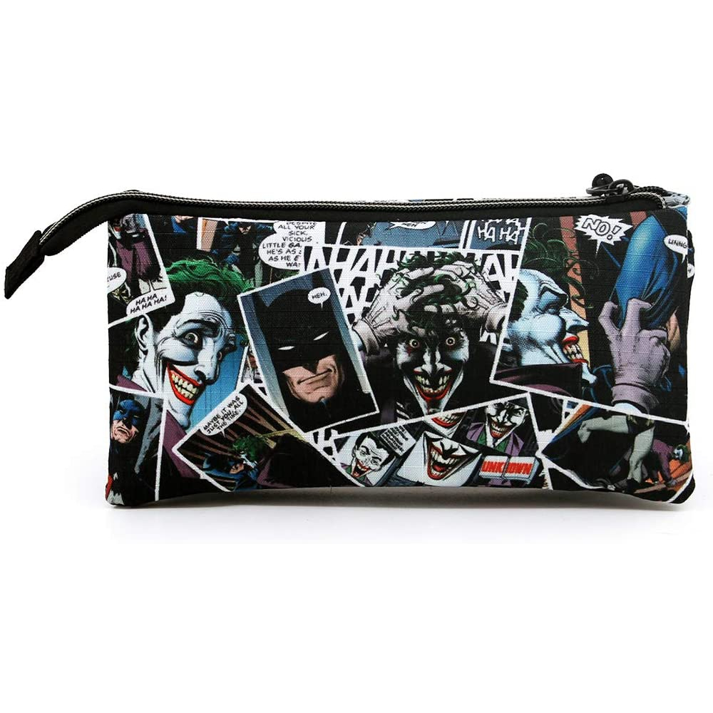 Estuche estilo cómic con imágenes de Batman y Joker, fondo oscuro.