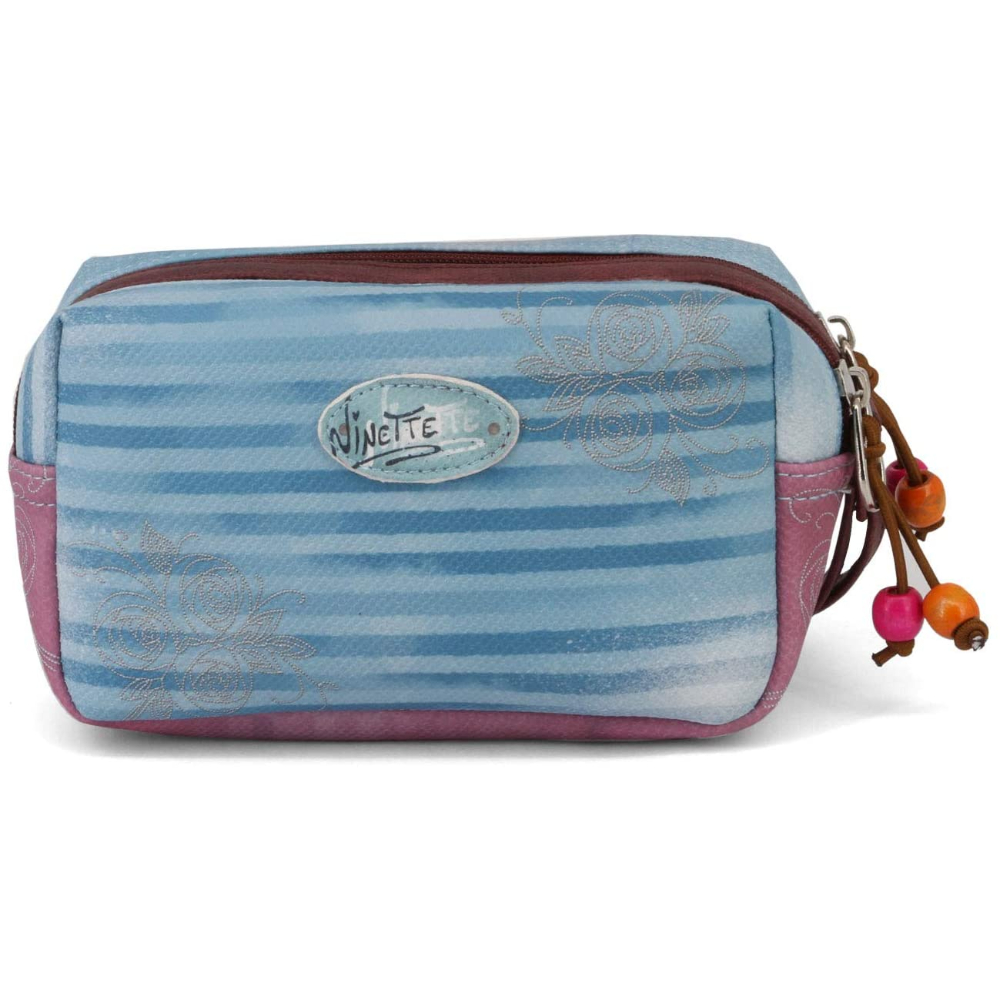 Estuche a rayas azules y rosas con diseño floral y etiqueta de marca.