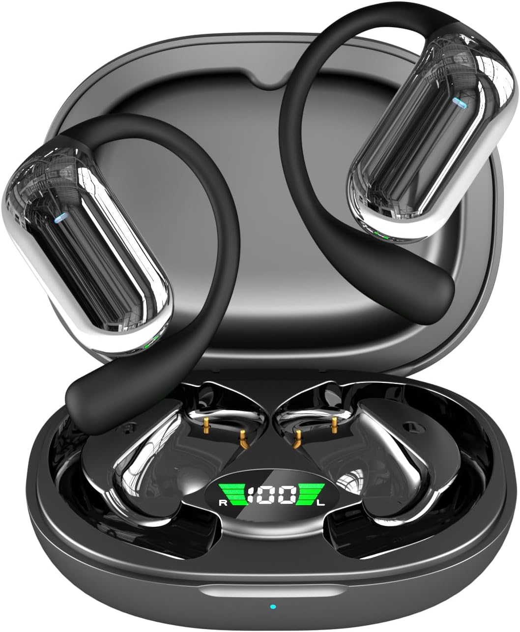 Auriculares de conducción ósea negros y plateados en estuche de carga, pantalla muestra 100%.