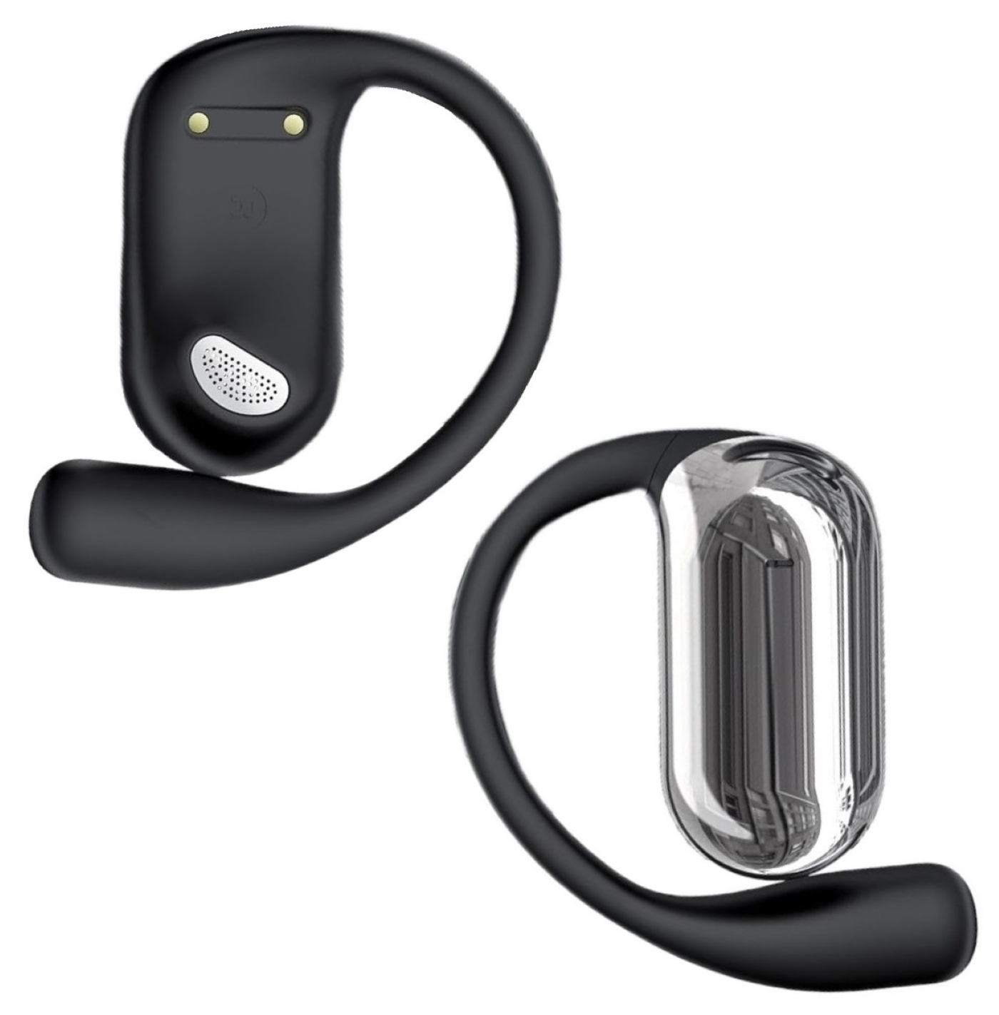 Par de auriculares de conducción ósea negros, un lado con altavoz y el otro con la parte trasera.