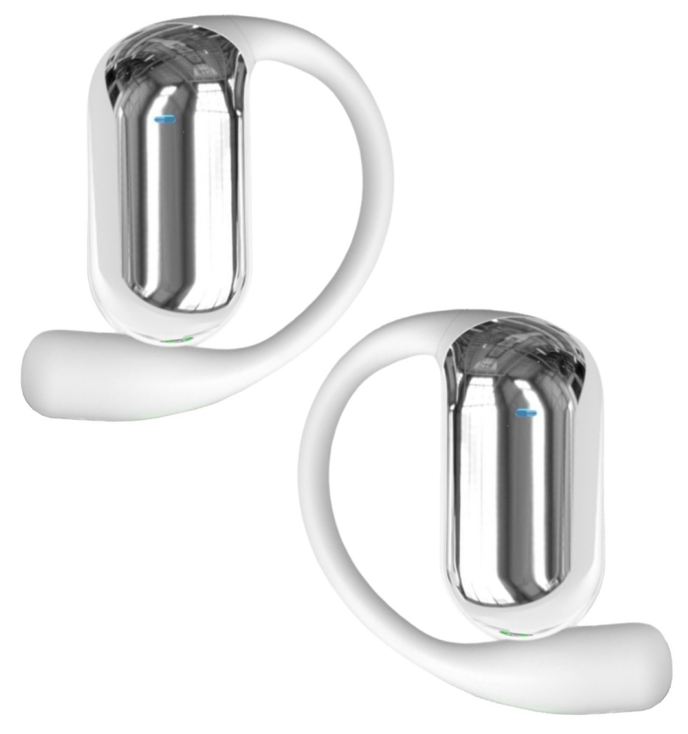 Par de auriculares de conducción ósea blancos, con sección de altavoz plateada brillante.