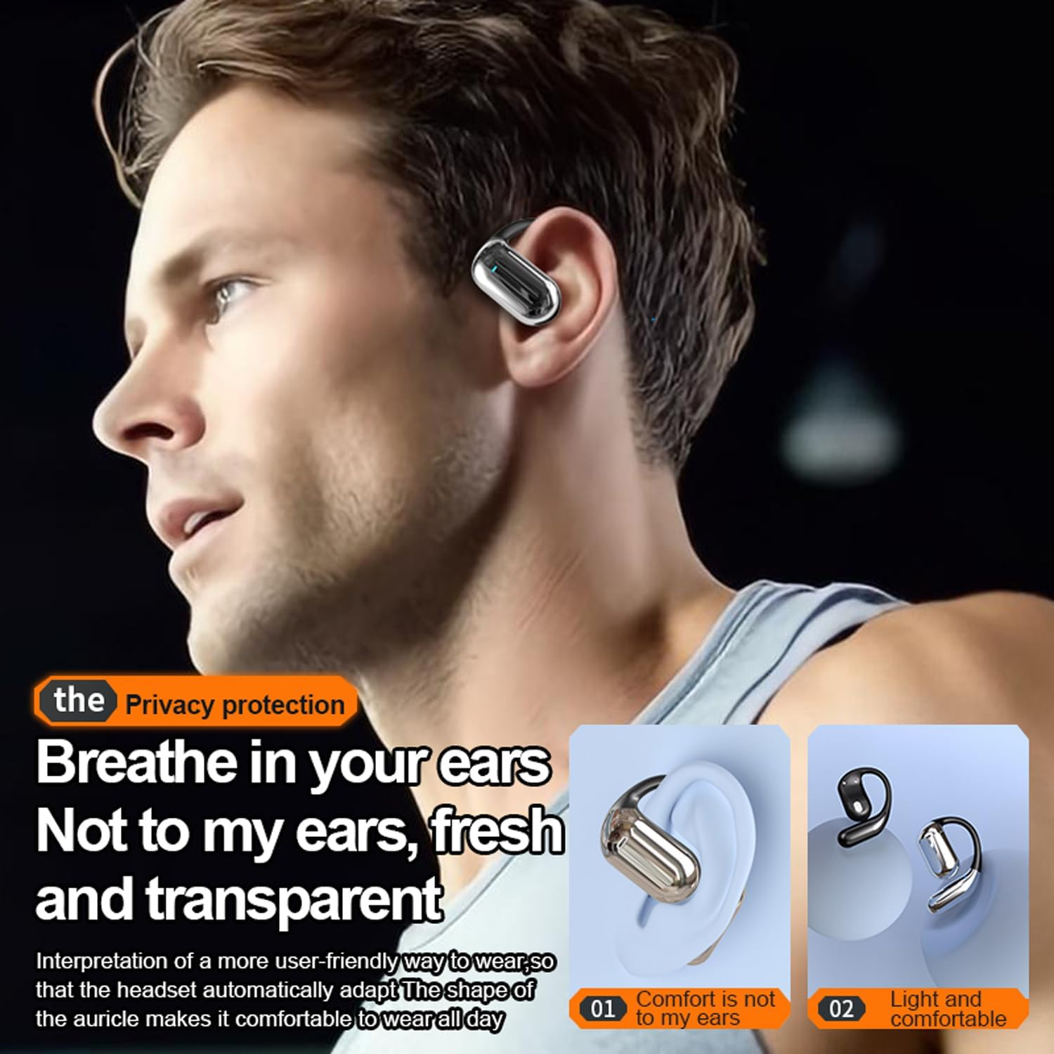 Hombre con auriculares de conducción ósea, diagrama de las características del producto.