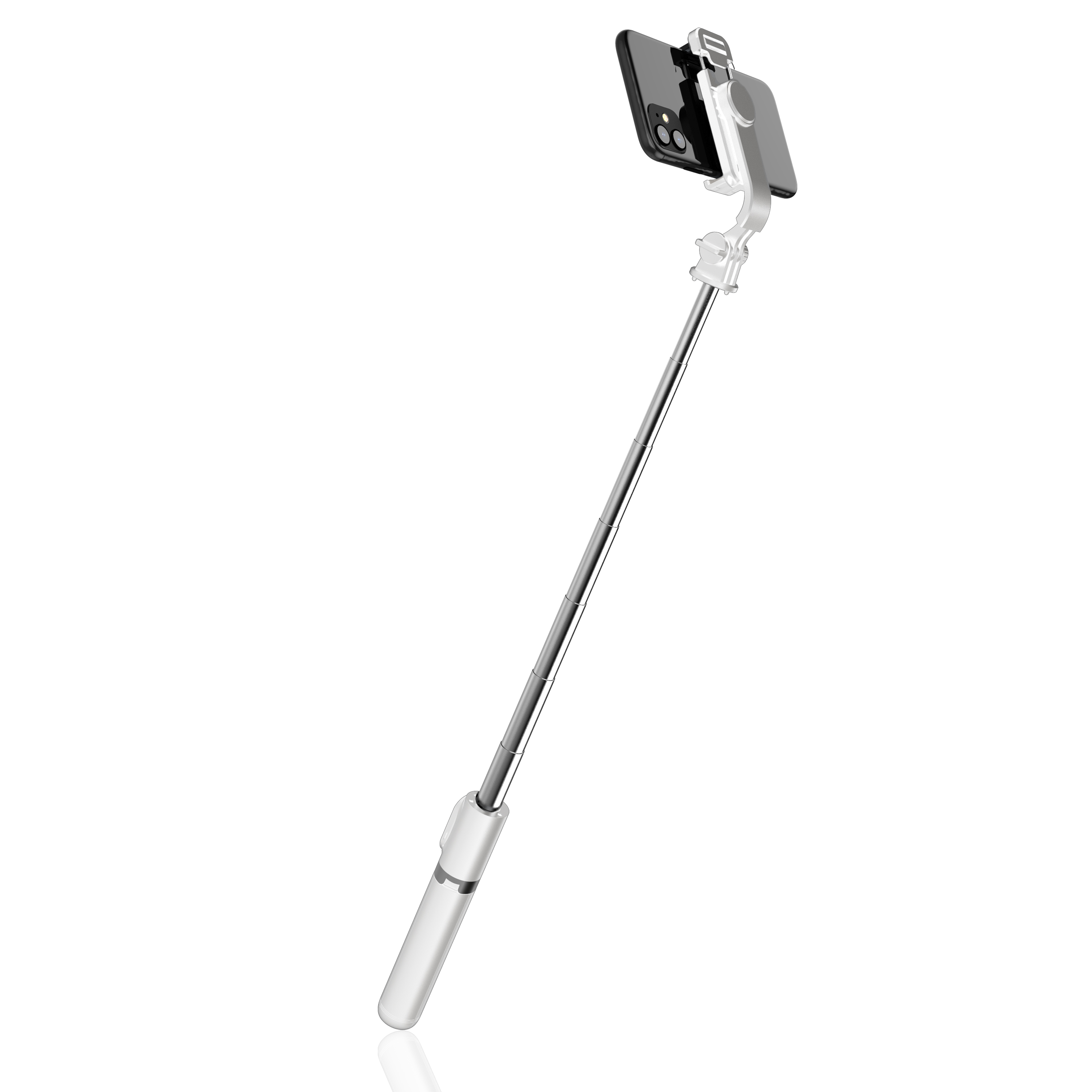 Selfie stick bianco con telefono collegato, esteso. Sfondo bianco.