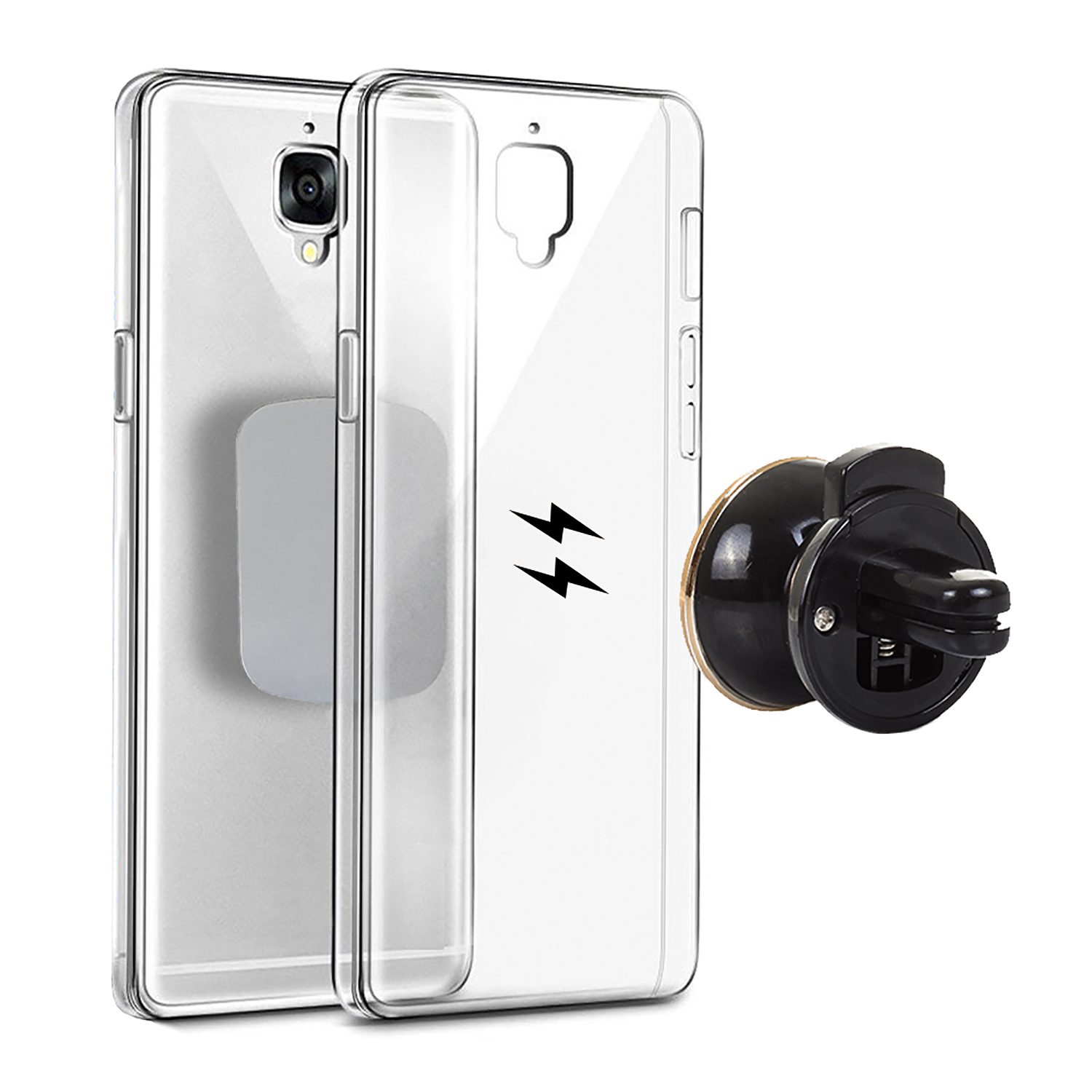 Due custodie per telefono, trasparenti con supporto magnetico, sfondo bianco.