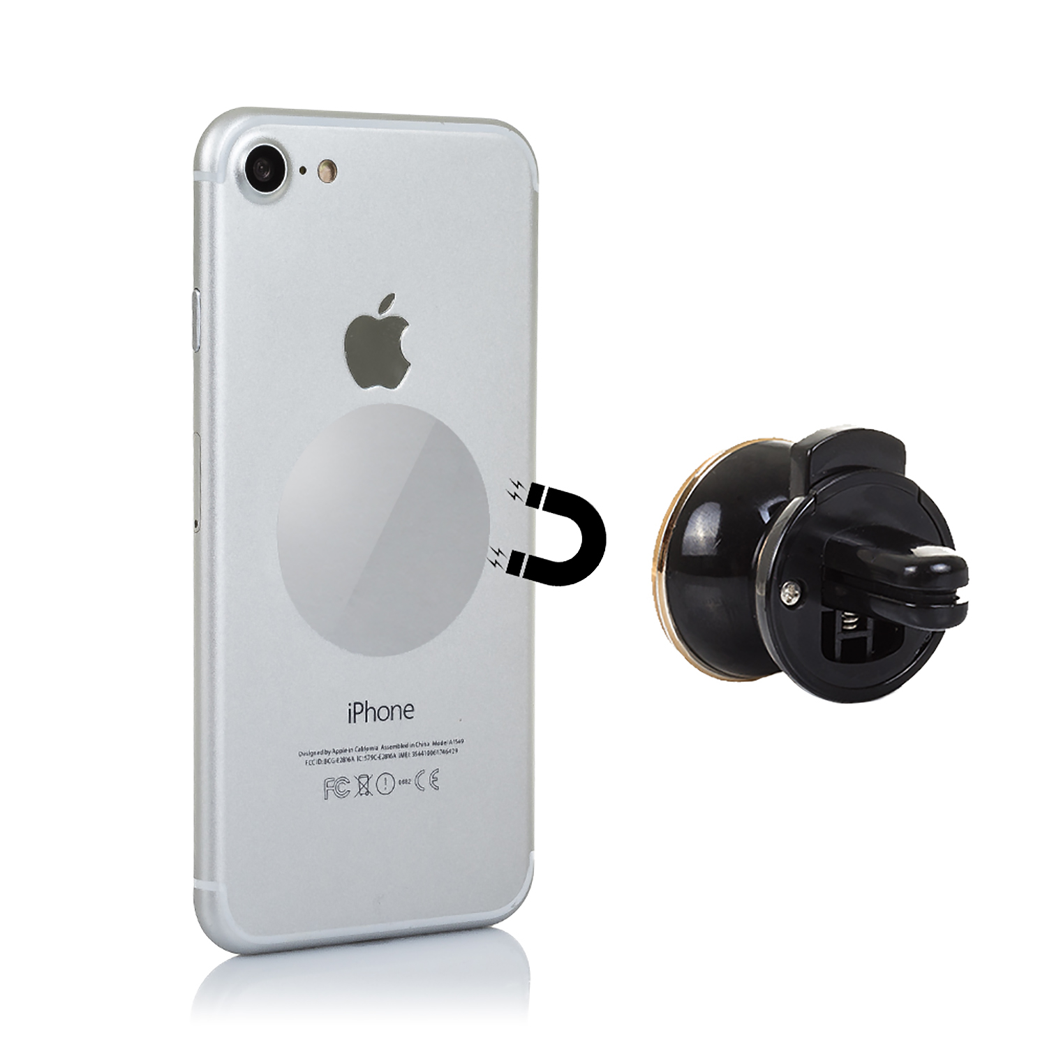 iPhone con adesivo magnetico e supporto per telefono. Sfondo bianco.
