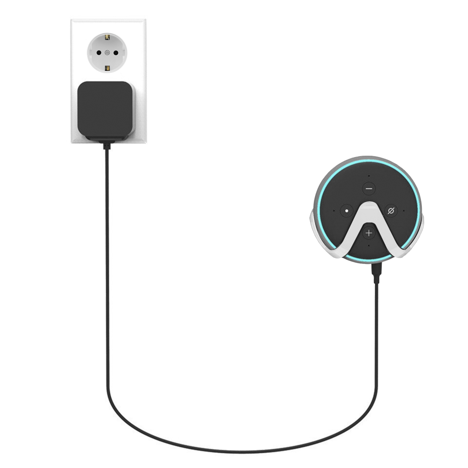 Smart Speaker mit Ladegerät, das an eine Steckdose angeschlossen ist. Weißer Hintergrund.