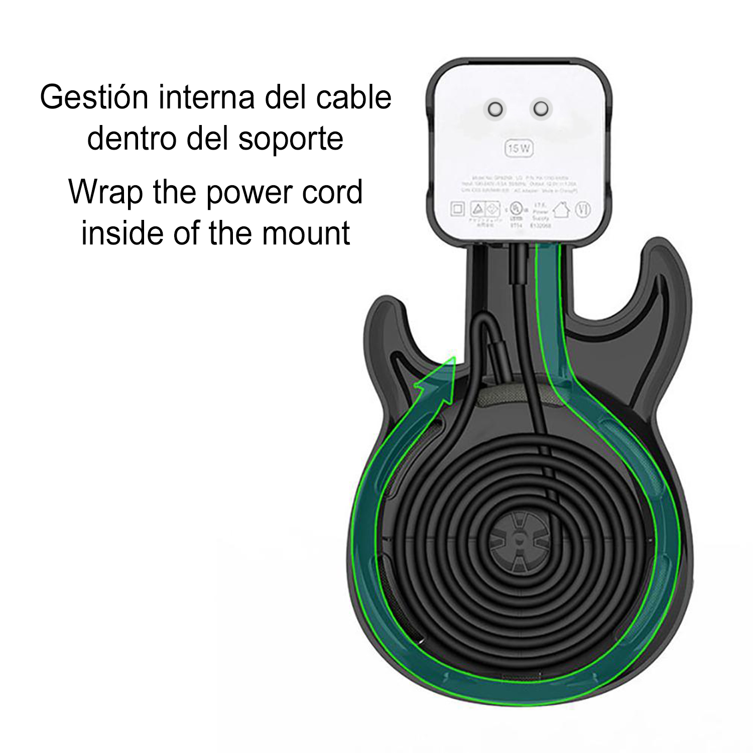 Supporto per altoparlante nero con istruzioni per l'avvolgimento del cavo. Sfondo bianco.