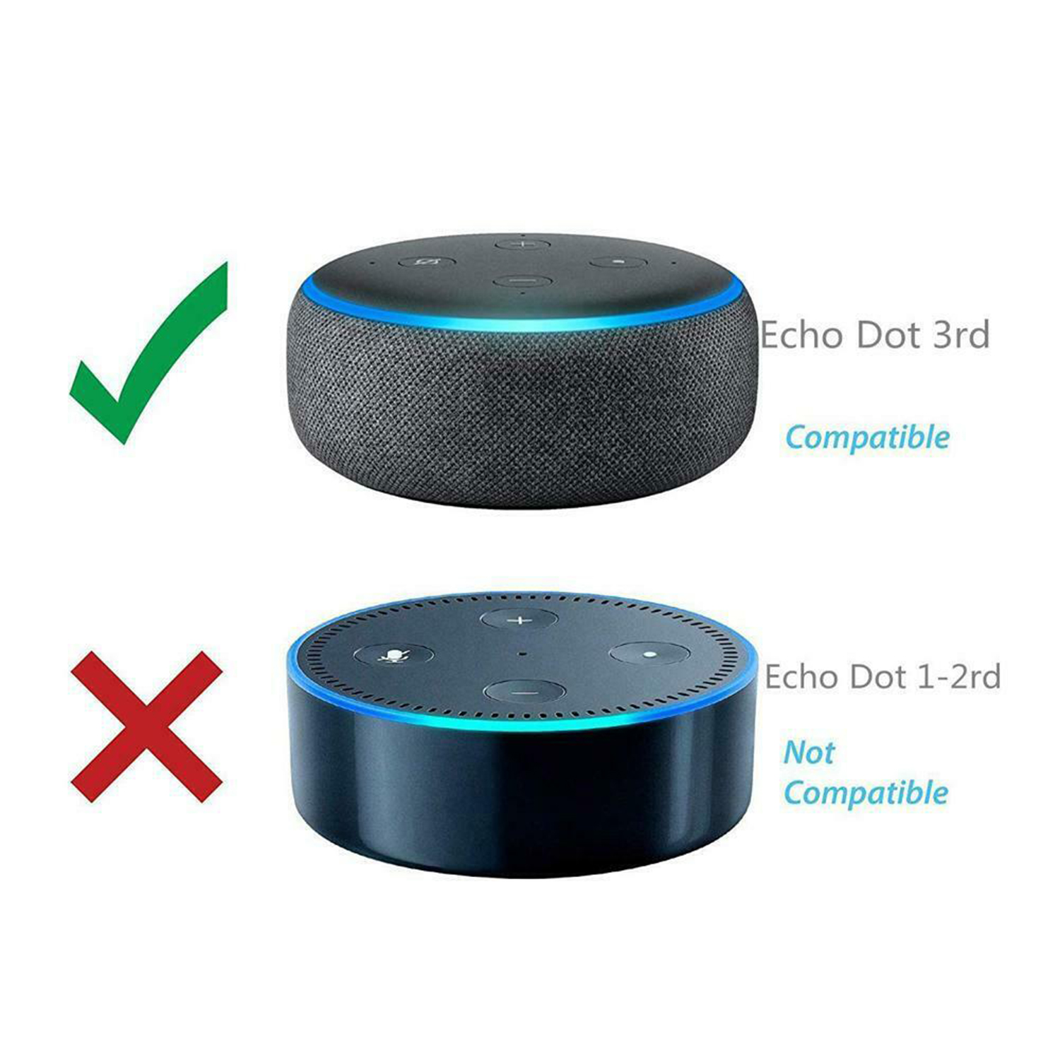 Comparación de Echo Dot 3ª y 1ª-2ª generación, mostrando compatibilidad. Fondo blanco.
