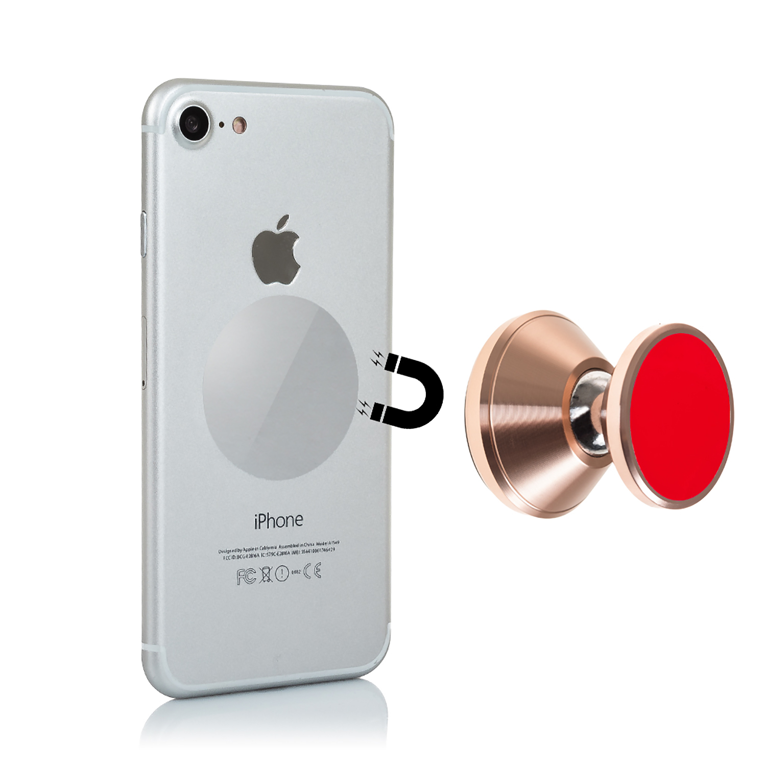 iPhone con una pegatina magnética y un soporte para teléfono. Fondo blanco.