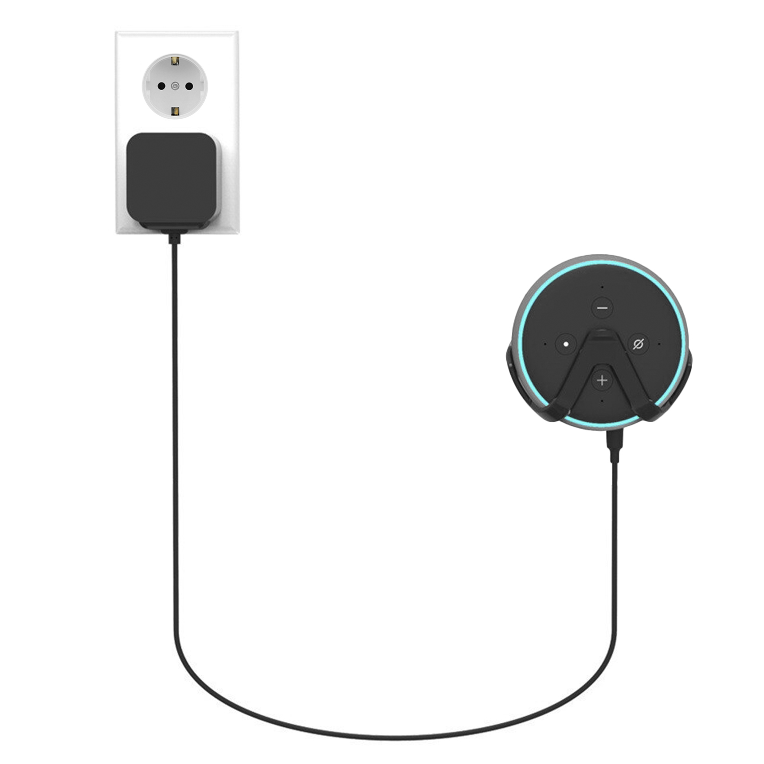 Smart Speaker mit Ladegerät, das an eine Steckdose angeschlossen ist. Weißer Hintergrund.