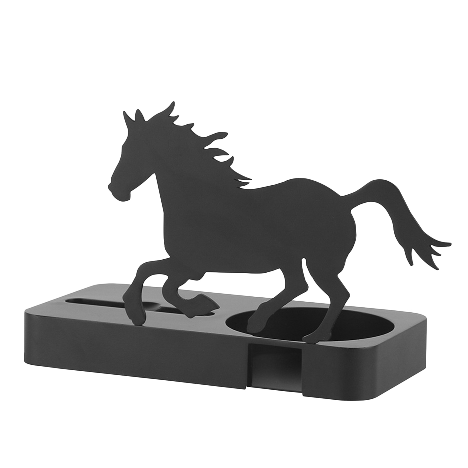 Silhouette di cavallo in metallo nero su base a forma di blocco. Cavallo che corre, rivolto a sinistra.