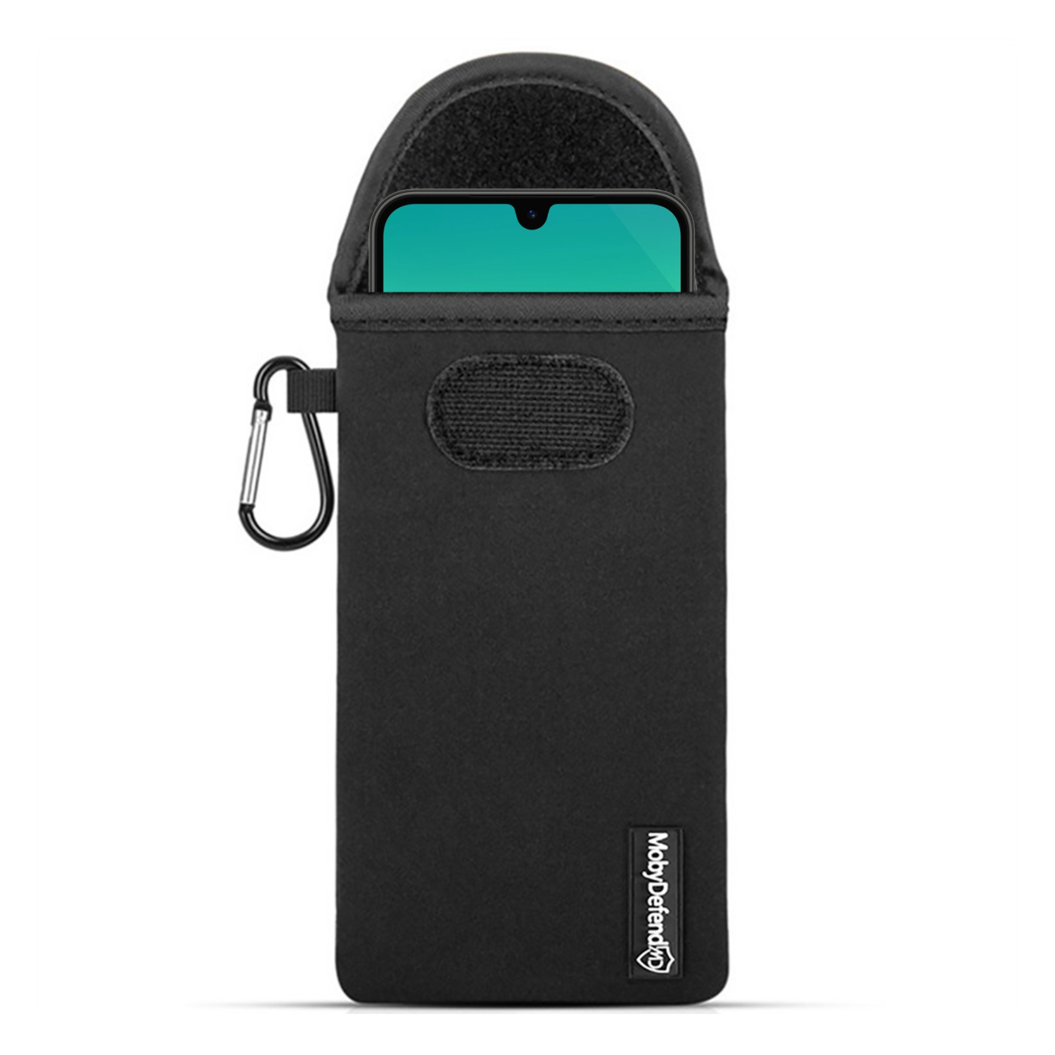 Zwarte telefoonhoes met een telefoon. Het heeft een karabijnhaak en het MobyDefend-logo.