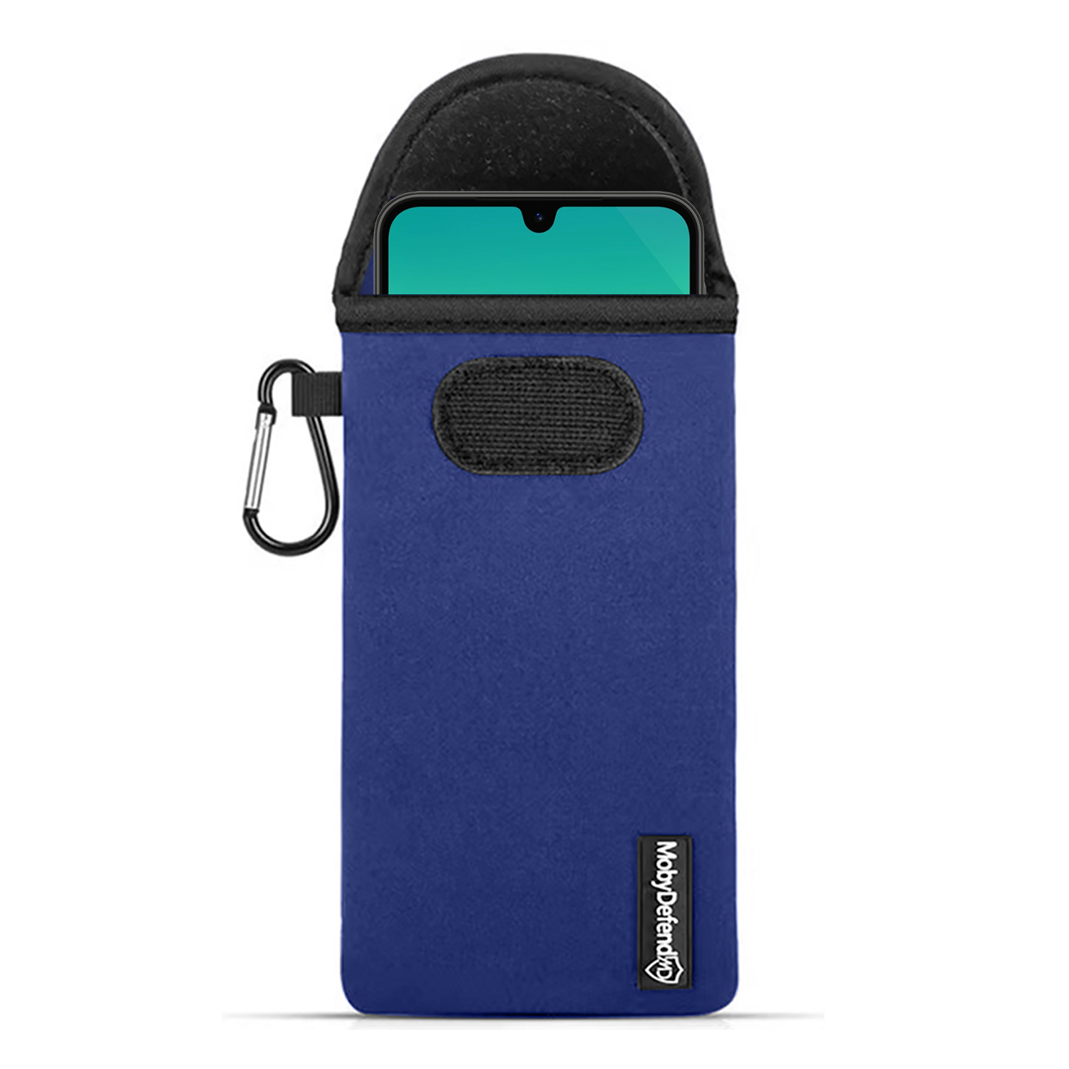 Blauwe telefoonhoes met een telefoon. Het heeft een karabijnhaak en het MobyDefend-logo.