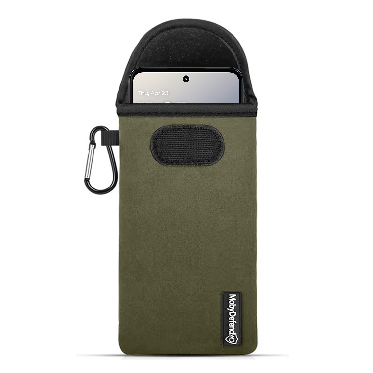 Étui de téléphone vert olive avec un téléphone. Il a un mousqueton et le logo MobyDefend.