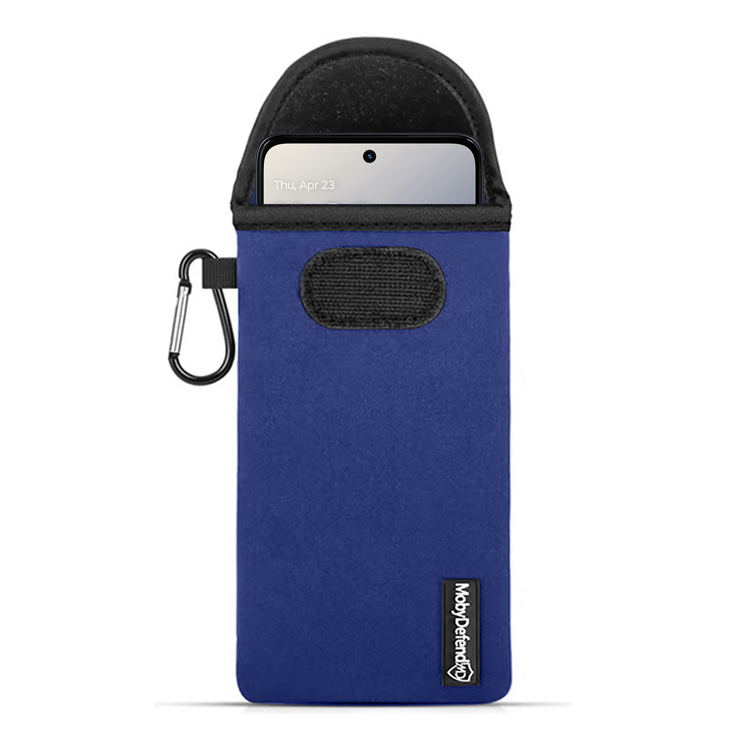 Blauwe telefoonhoes met telefoon. Telefoon toont tijd en datum. Heeft karabijnhaak en MobyDefend logo.