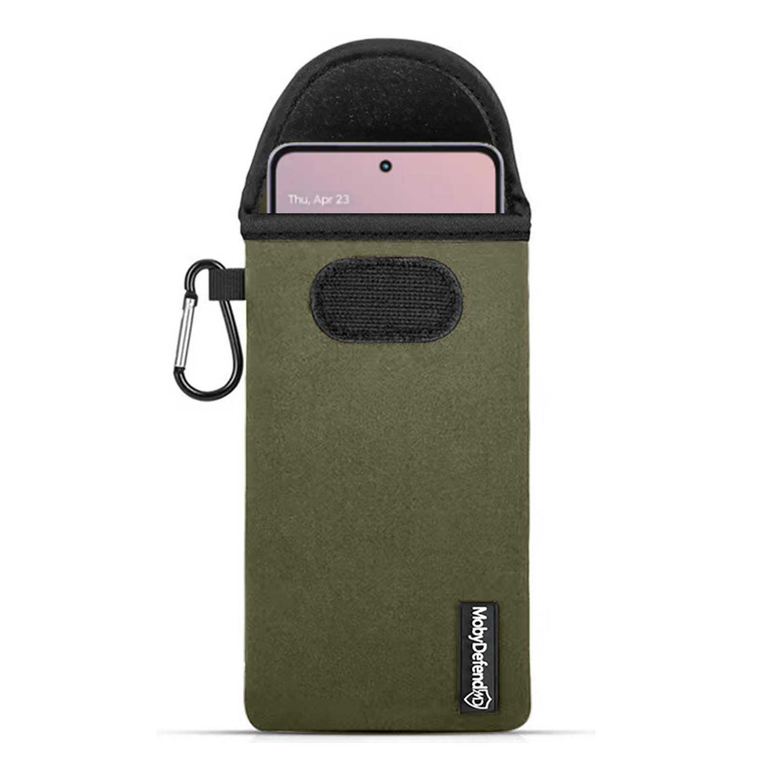 Étui de téléphone vert olive avec un téléphone. Le téléphone affiche l'heure et la date. Logo MobyDefend.