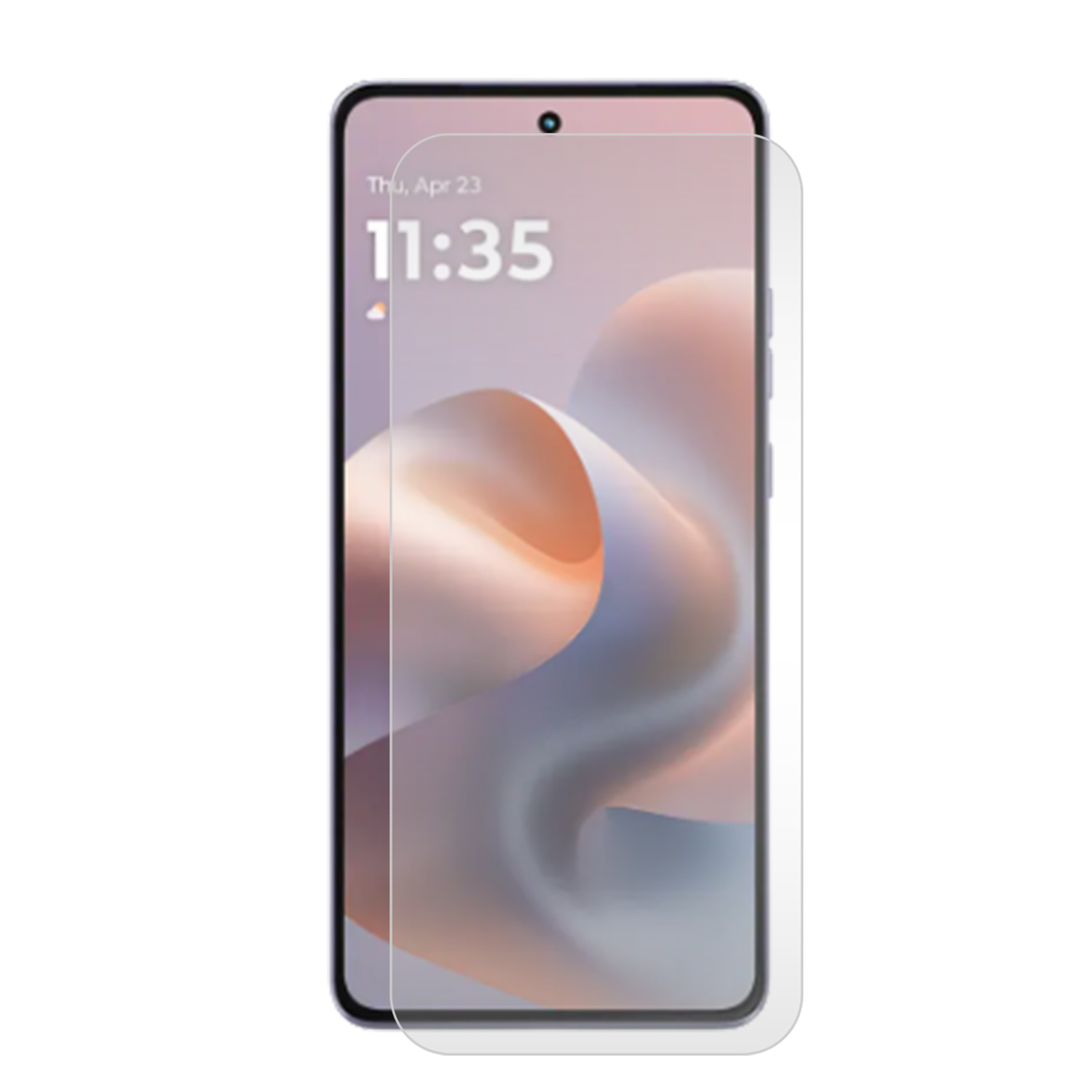 Téléphone avec protecteur d'écran. Affiche la date et l'heure. Le protecteur est sur le téléphone.
