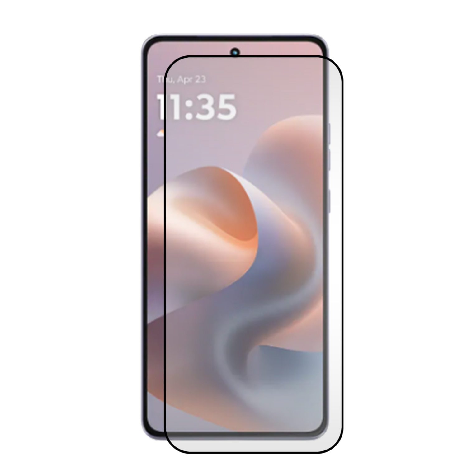 Smartphone met schermbeschermer, toont tijd en datum. Witte achtergrond.