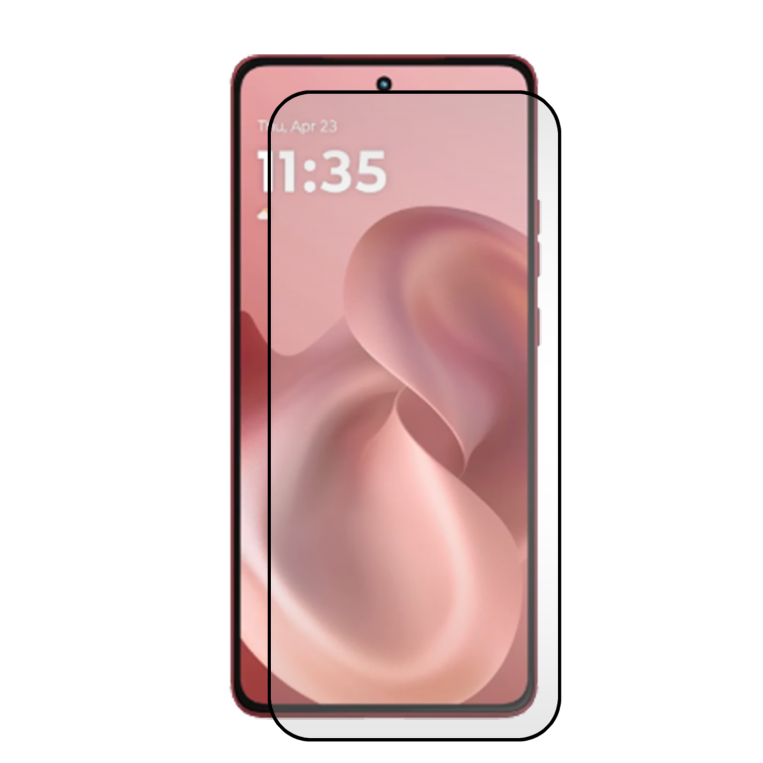 Telefoon met schermbeschermer. Toont datum en tijd. De beschermer zit op de telefoon.